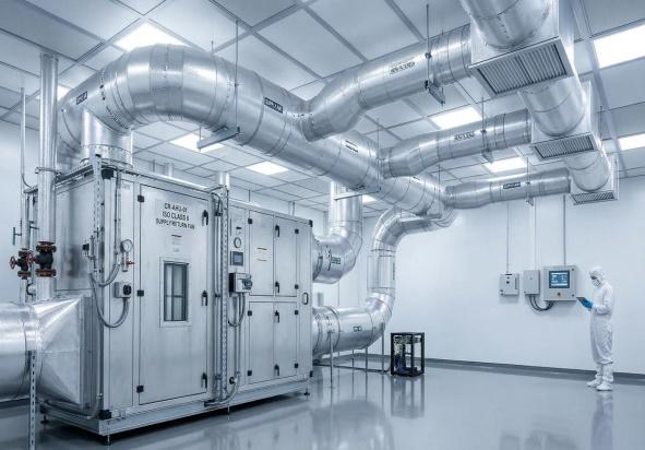 Double-skin air handling unit connected to insulated supply and return ducting