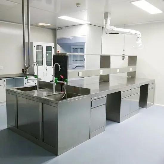 Stainless-steel laboratory workstation with an integrated sink and under-bench cabinets